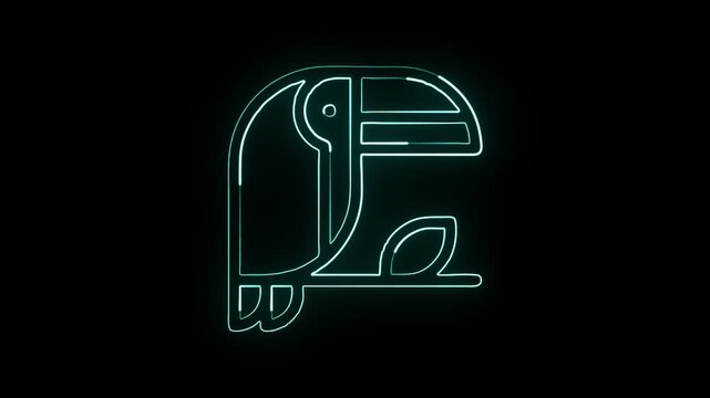 Glowing neon line toucan icon with wing flapping animation. Wildlife bird icon animation HD video isolated on black background.