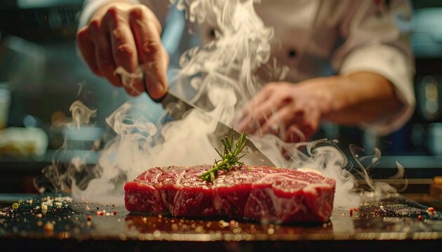 Chef Seasoning Steak with Spices and Herbs.