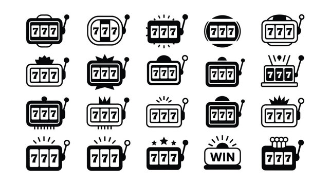 Collection of keywords: black and white slot machine with triple sevens and win text gambling casino