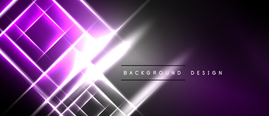 Fototapeta premium Abstract purple neon light streaks form geometric patterns over dark background. Bright center radiates energy, modern design element.