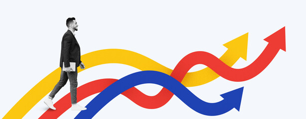 A man walks along a path marked by colorful arrows in a collage. The arrows show different...