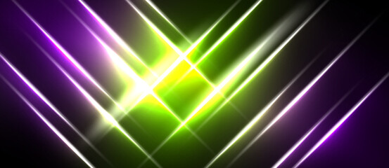 Abstract neon lights converge. Vibrant purple, green, yellow hues create dynamic visual effect. Dark background emphasizes bright lines.