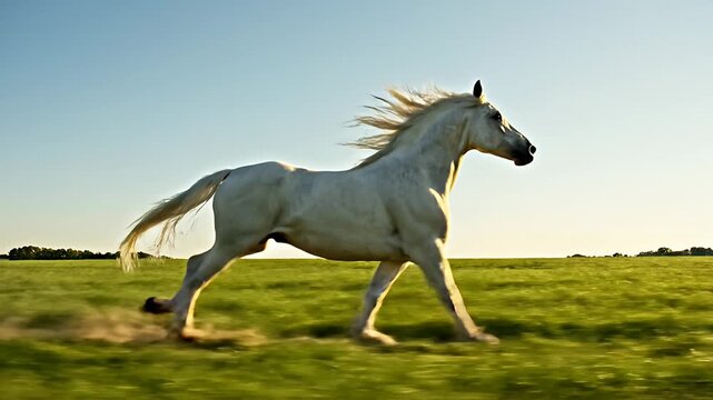 Majestic white equine galloping across sunlit grassy field