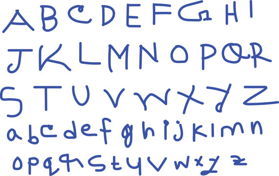 Handwritten alphabet letters in blue ink on white background