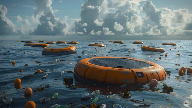 Vibrant orange buoys are dispersed across the polluted ocean, amidst a sea of plastic debris and waste, under a foreboding cloudy sky, symbolizing an urgent call for environmental conservation, action