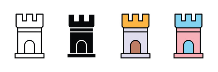 Medieval castle tower icon vector. Defense symbol for fortress security, heritage architecture, and chess rook strategy set. Vector illustration © Jakiya Graphics