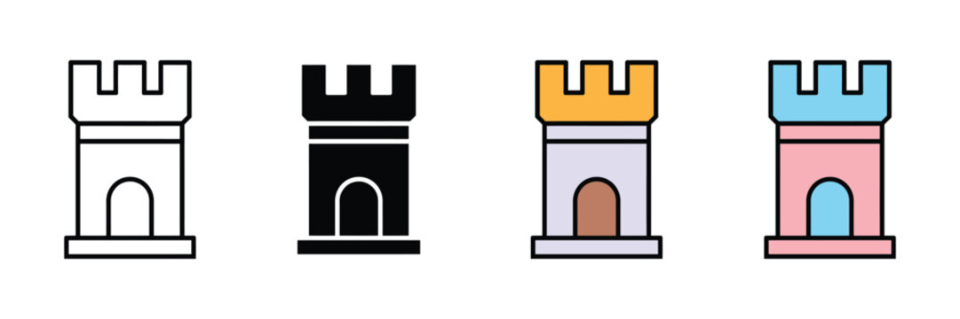 Medieval castle tower icon vector. Defense symbol for fortress security, heritage architecture, and chess rook strategy set. Vector illustration