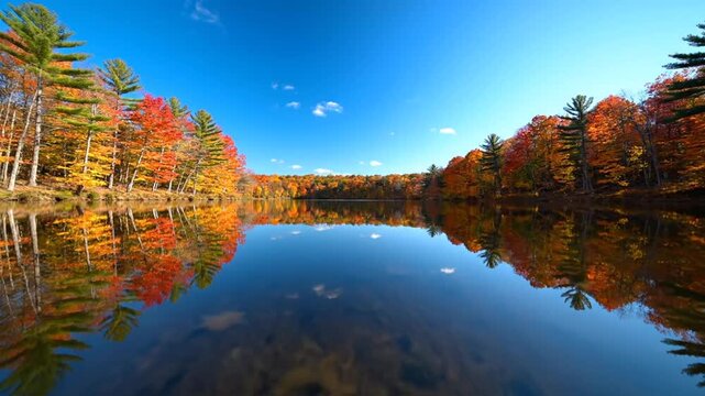 A scenic lake reflects colorful fall foliage, with red and yellow leaves in focus