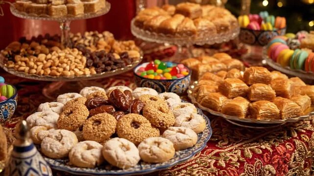 Assorted Eid al Fitr treats and halal food on decorative plates during a Muslim family celebration