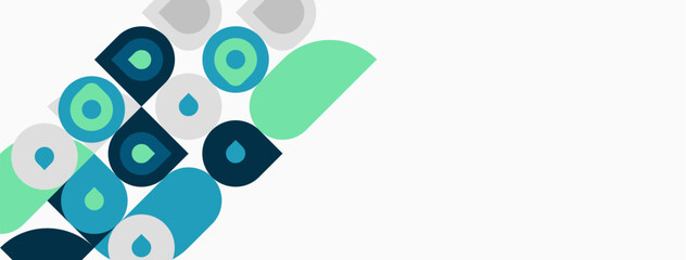 Abstract design features overlapping circles, squares, teal, mint hues. Minimalist composition with negative space. Modern aesthetic.