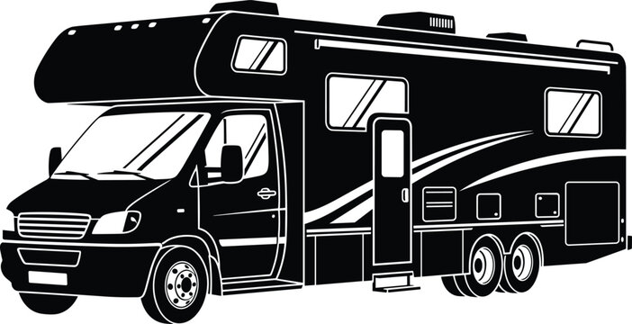 &ldquo;Silhouette illustration of Class C motorhome RV with cab-over sleeping area symbolizing travel, camping, mobile living, and artistic representation&rdquo;