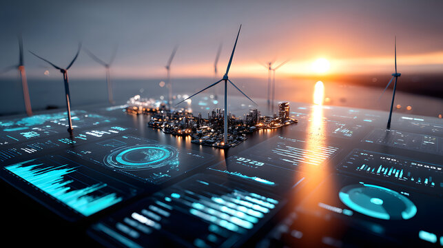 Smart digital energy grid dashboard with wind turbine farm, miniature city and glowing data visualizations sunset expressing innovation