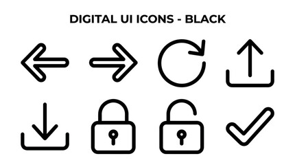Digital UI Vector Icon Set Featuring Arrows, Refresh, Upload, Download, Padlocks, and Checkmark for Navigation, Security, Confirmation, and Graphic Design in Applications