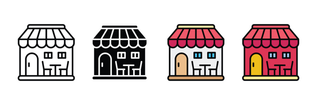 Local storefront cafe and small business shop icon vector. Retail boutique symbol for commercial building, marketplace, and restaurant set.