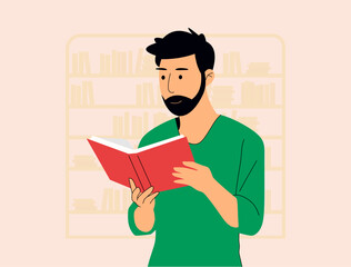 Man reading a red book in front of bookshelves © Stock PD