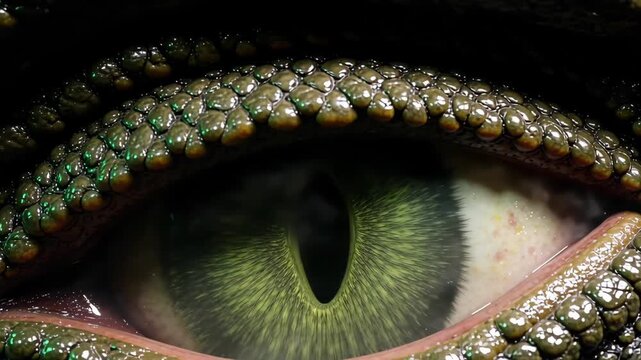 Extreme closeup of a prehistoric reptile monster's eye opening in darkness, revealing a vertical reptilian pupil and shimmering bioluminescent green