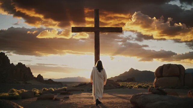 Jesus Christ stands before a large cross in the canyon at sunset, symbolizing faith, hope, and devotion in Christianity