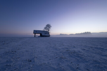 Scheune im Allgäu an winterlichem Abend