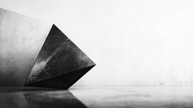 An abstract geometric sculpture is leaning against a minimalist concrete wall with a mirror reflection in the room AI Generative