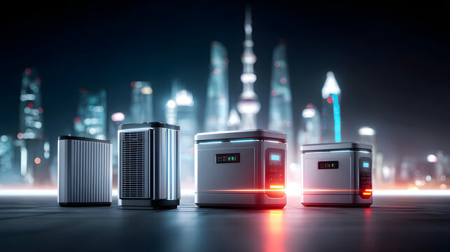 Portable power station backup power electricity supply urban skyline night emergency lighting efficient battery storage