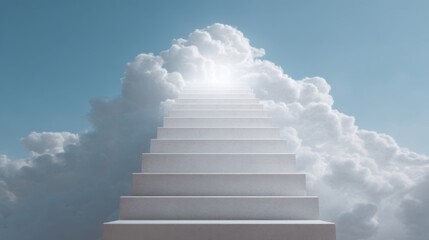 Ethereal Staircase Rising Through White Clouds Under Bright Blue Sky with Light at Top Creating a Dreamlike and Inspirational Atmosphere