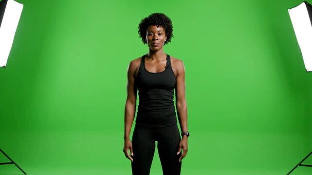 Confident woman in black workout clothes standing against green screen