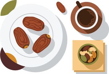 Dates Fruit with Arabic Coffee Vector Illustration Top View Traditional Ramadan Food and Dried Sweet Organic Snack for Healthy Nutrition Design.