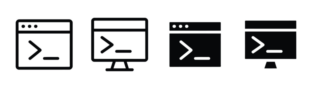 Computer terminal and coding window icon vector. Command line interface for software development, programming, and hacking symbol set. Vector illustration