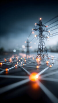 High voltage transmission tower over digital power grid network with glowing connection nodes, futuristic energy infrastructure and illuminated