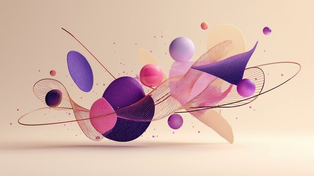 Colorful abstract 3D composition with floating shapes and dynamic swirls in colorful objects and pastel tones