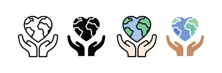 Heart shaped earth globe and hands icon vector. Human palms holding planet for ecology, world peace, and charity symbol set. Vector illustration. © Jakiya Graphics