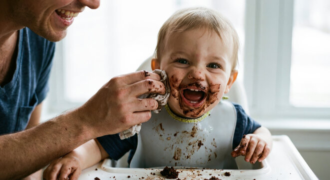 Mom wipes face of laughing messy baby covered in chocolate cake in high chair at home kitchen