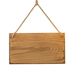 Fototapeta premium Wooden sign hanging on a rope blank beach isolated on a transparent background