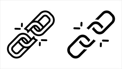 Broken chain icon set. Illustration of broken chain links representing separation and disconnection.