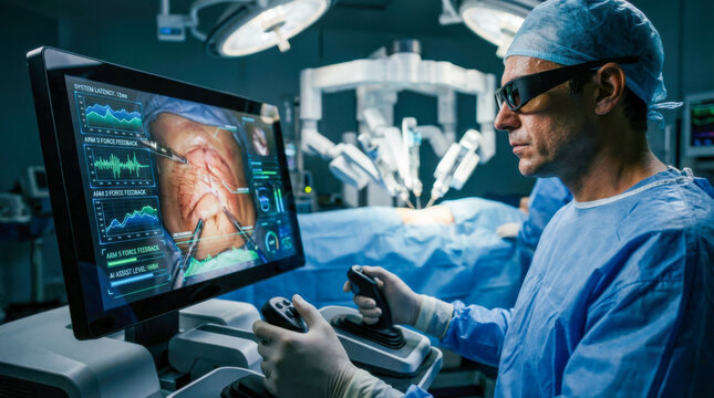 Focused surgeon controlling a robotic surgical system while wearing AR glasses and looking at a large screen displaying internal organ surgery data in a modern operating room