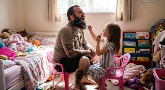 Laughing tattooed father sits on small pink chair while daughter puts hair clips in his beard in messy playroom