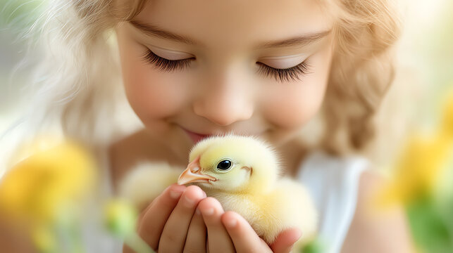 Child holding a baby chick, AI generated