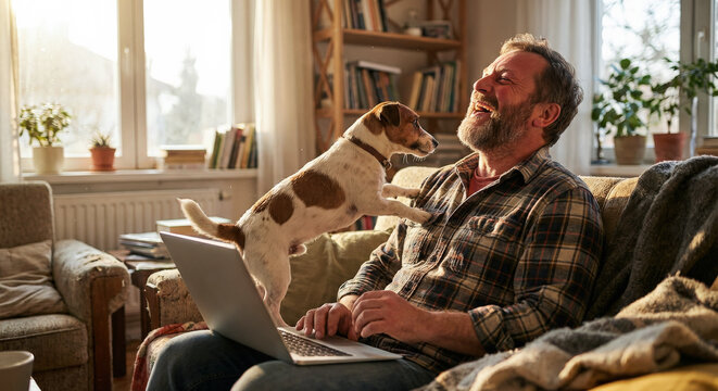 Laughing man with laptop gets licked by cute Jack Russell dog on sofa at home