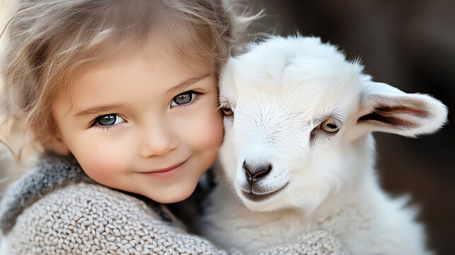 Young white baby goat with girl, AI generated