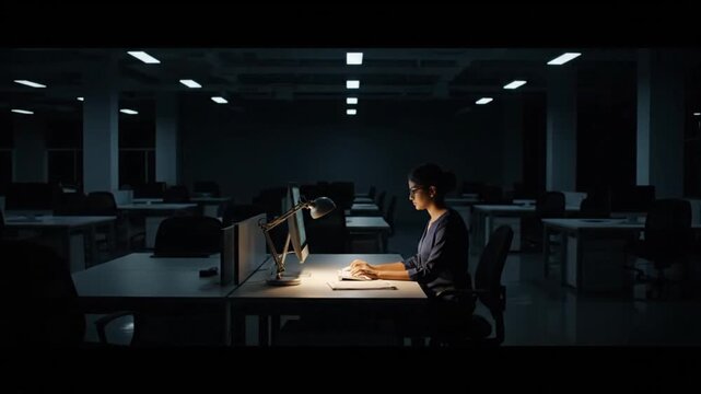 Focused businesswoman working late in modern office with computer screens
