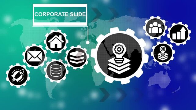 Corporate slide with icons and world map business. Industrial management in efficiency and efficient process. Lean cost and productivity growth. 