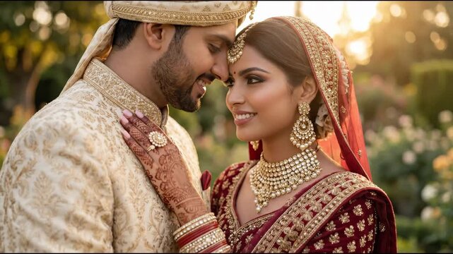 Indian couple in traditional wedding attire share an intimate moment in a garden, adorned with flowers and soft sunlight creating a romantic atmosphere