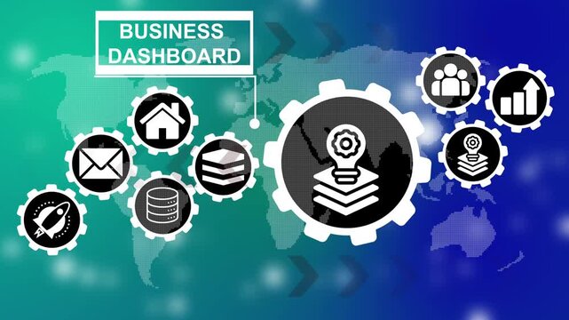 Business dashboard slide with icons and world map . Industrial management in efficiency and efficient process. Lean cost and productivity growth. 