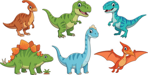 Vector illustration set of 6 cute and colorful cartoon dinosaur characters including T-Rex, Brachiosaurus, and Pterodactyl। © MSTRazia