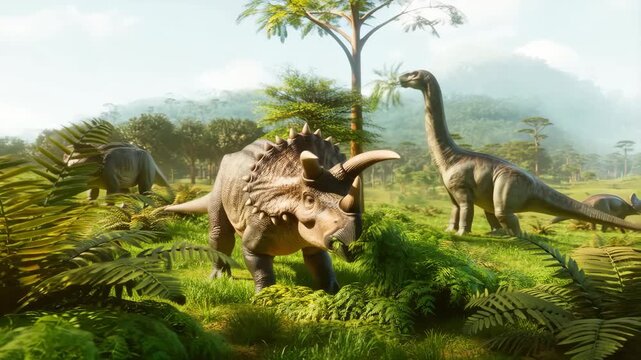 Prehistoric triceratops grazing in lush tropical valley alongside giant brachiosaurus during sunny morning featuring vibrant green ferns tall palm trees and misty mountain backdrop
