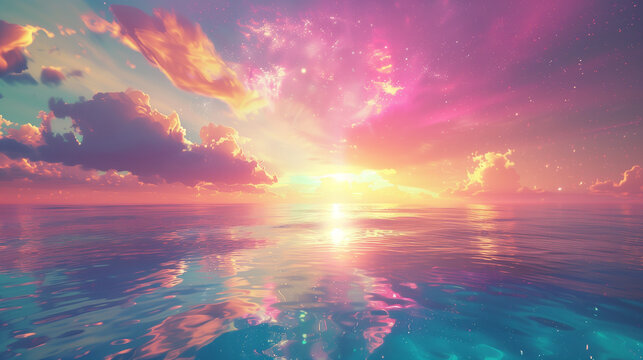 Fantasy background with colorful clouds and sea water