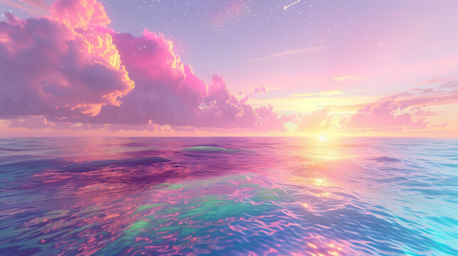 Fantasy background with colorful clouds and sea water