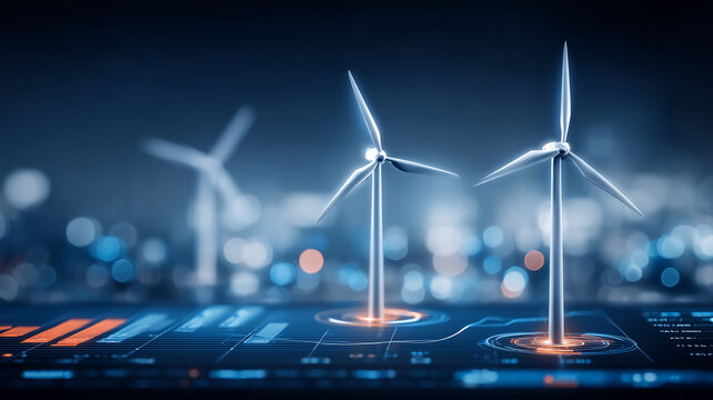 Wind turbines on a digital energy dashboard, representing renewable power monitoring and sustainable infrastructure.
