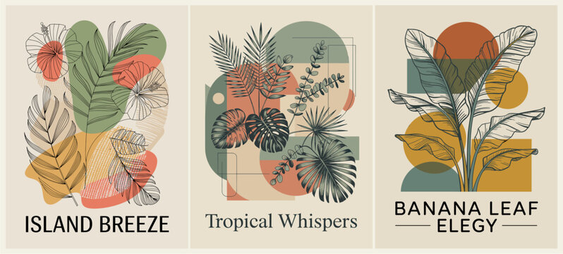 Set of mid-century modern tropical posters with line art banana, palm, monstera, fern leaves, hibiscus flowers, and geometric shapes in earthy tones. Stylish botanical wall decor.