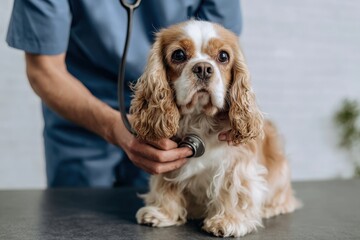 A veterinarian in blue scrubs gently examines the ears of a calm cavalier spaniel dog
